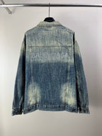 Washed blue denim jacket with pointed collar and button back; Balenciaga logo print