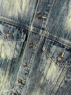Washed blue denim jacket chest pocket details with metal buttons