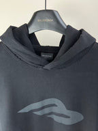 Long hoodie with hood and large gray logo graphic on the chest