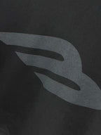 Close-up of long hoodie fabric with gray logo graphic print