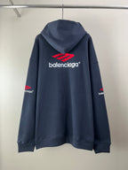 Navy long-sleeve hoodie with hood and Balenciaga logo on back
