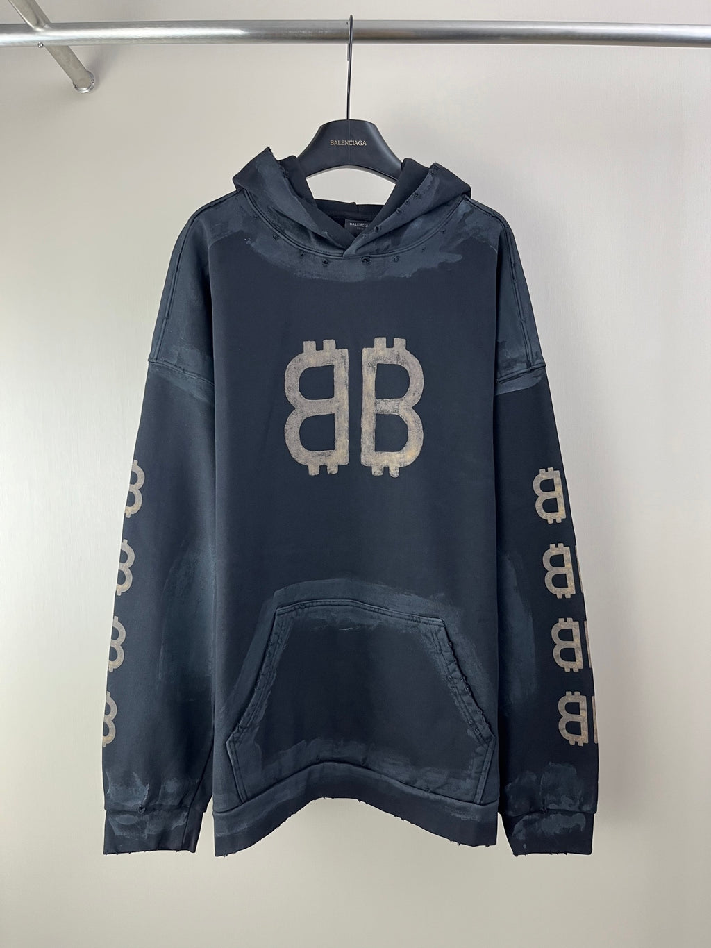 Balenciaga long-sleeve hoodie in dark blue with hood, kangaroo pocket, and large BB logo