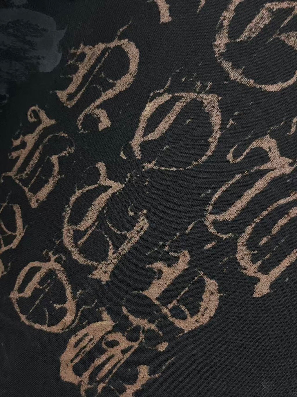 Balenciaga logo print on dark hoodie fabric, close-up of scattered script