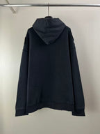 Balenciaga dark pullover hoodie with hood and kangaroo pocket, plain back view