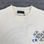 Cream knit sweater neckline with ribbed collar and brand label
