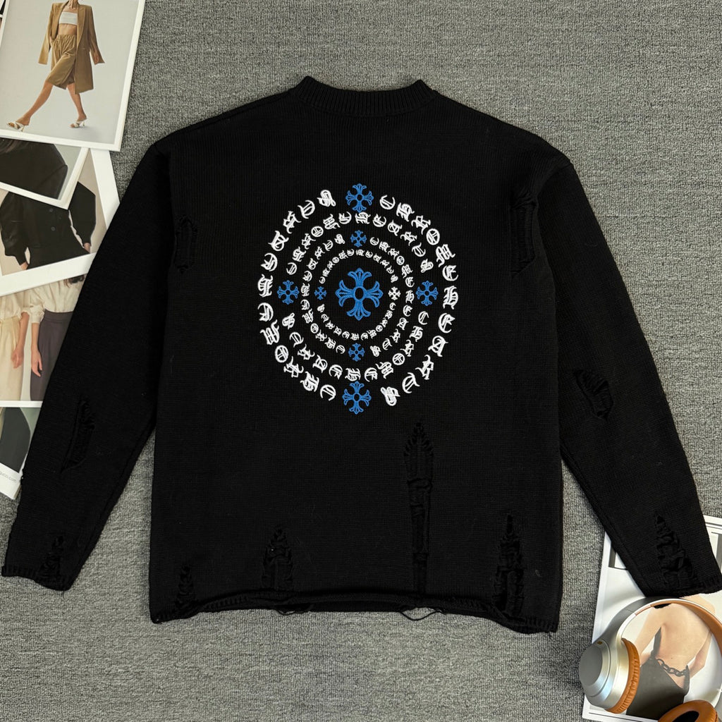 Long-sleeve sweater with large circular back graphic in white and blue