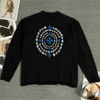 Long-sleeve sweater with large circular back graphic in white and blue