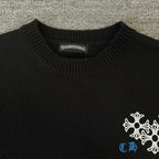 Black long-sleeve sweater with ribbed crew neck and white-blue chest embroidery
