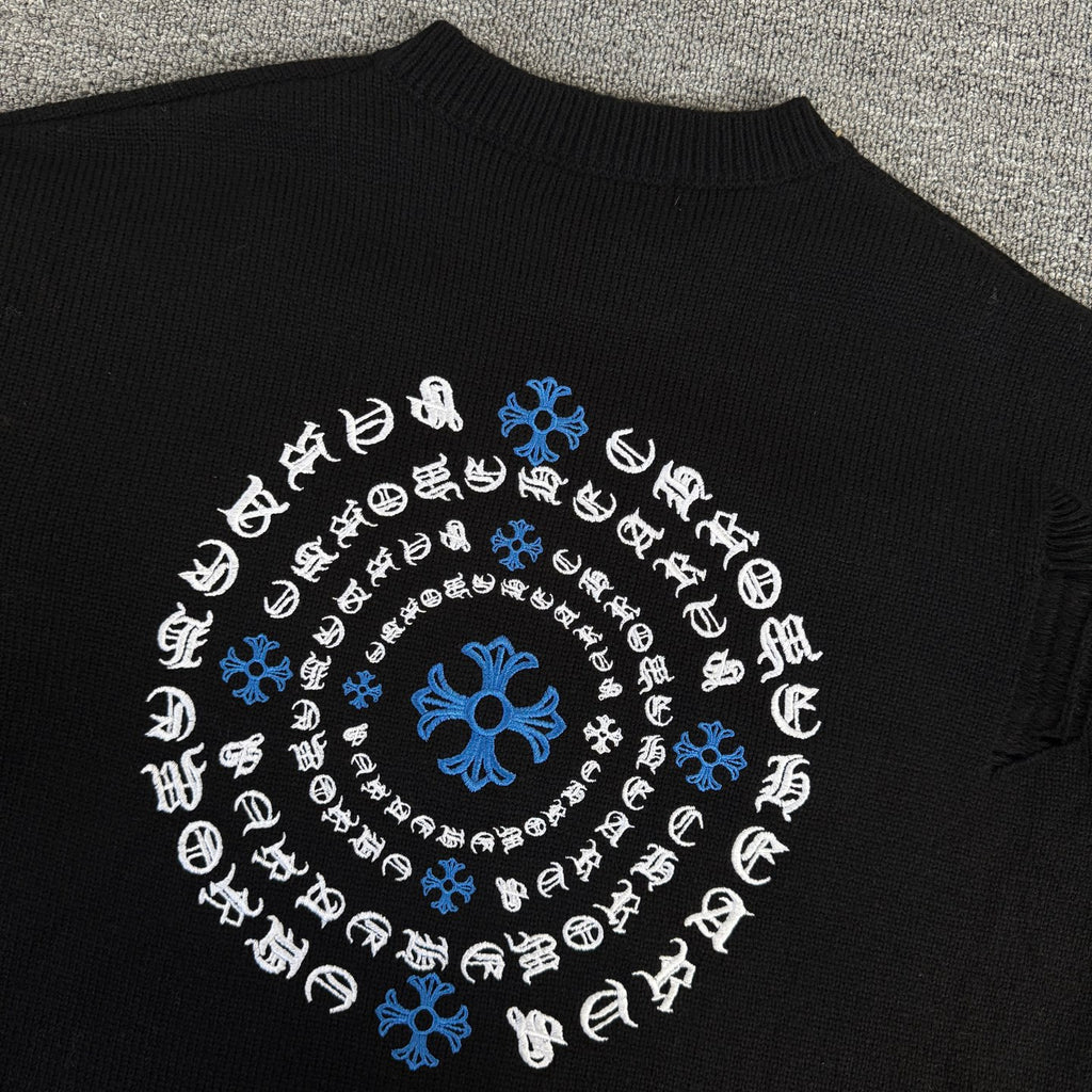 Long-sleeve sweater back with circular pattern of white icons and blue designs