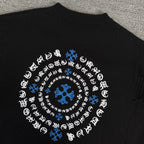 Long-sleeve sweater back with circular pattern of white icons and blue designs