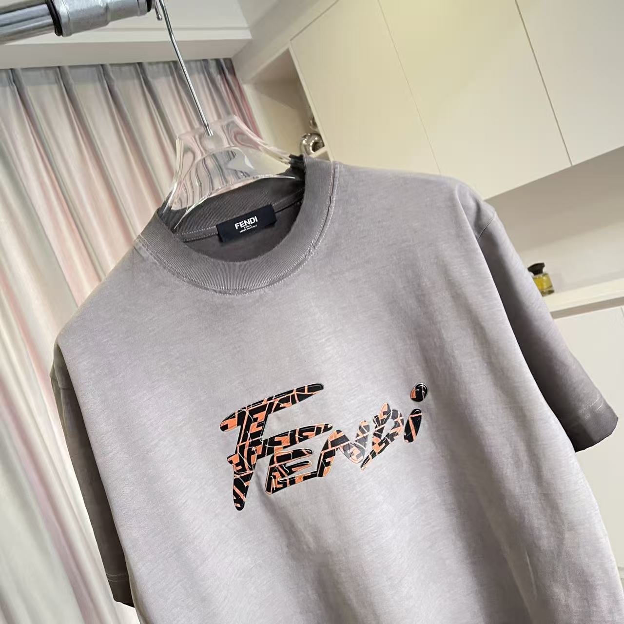 Fendi heather gray T-shirt with crew neck and multicolor logo graphic at center