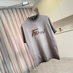 Fendi short-sleeve T-shirt, heather gray, chest logo graphic in orange and black