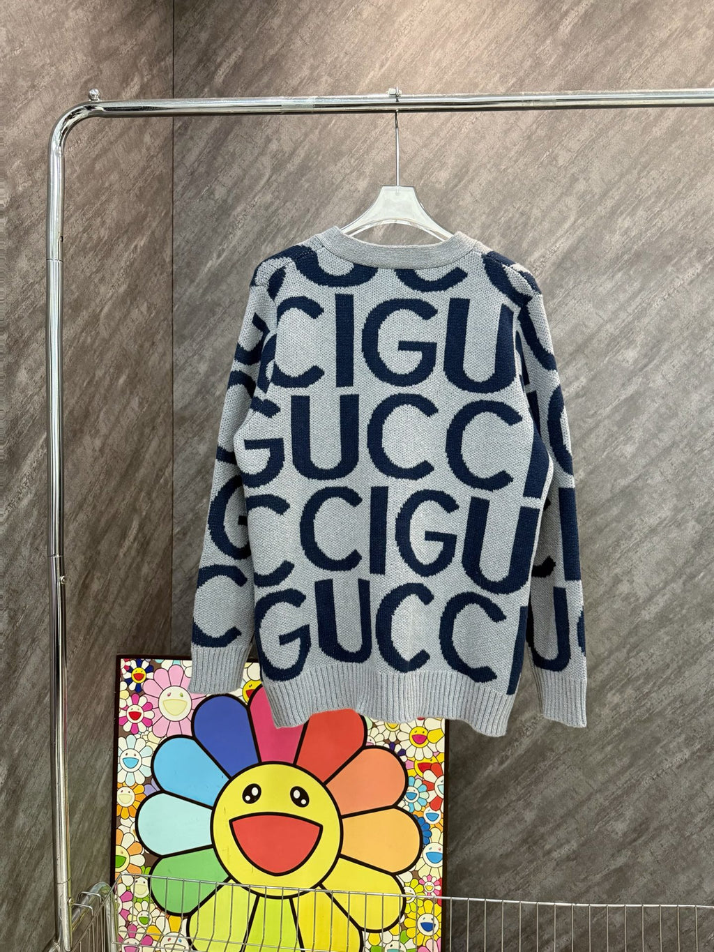 Kids' Gucci knit cardigan, allover dark blue GG print on white, long sleeves, ribbed trim