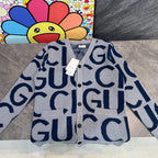 Kids cardigan sweater, light gray with navy Gucci-style logo pattern and button front