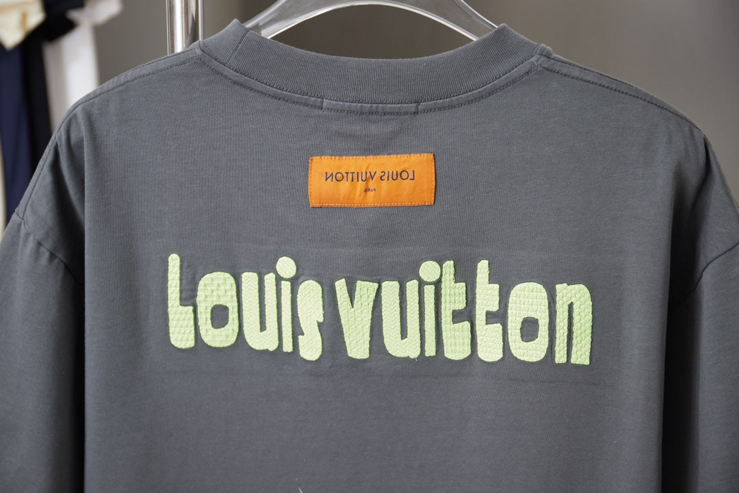 Louis Vuitton dark gray T-shirt back view with 'Louis Vuitton' text logo