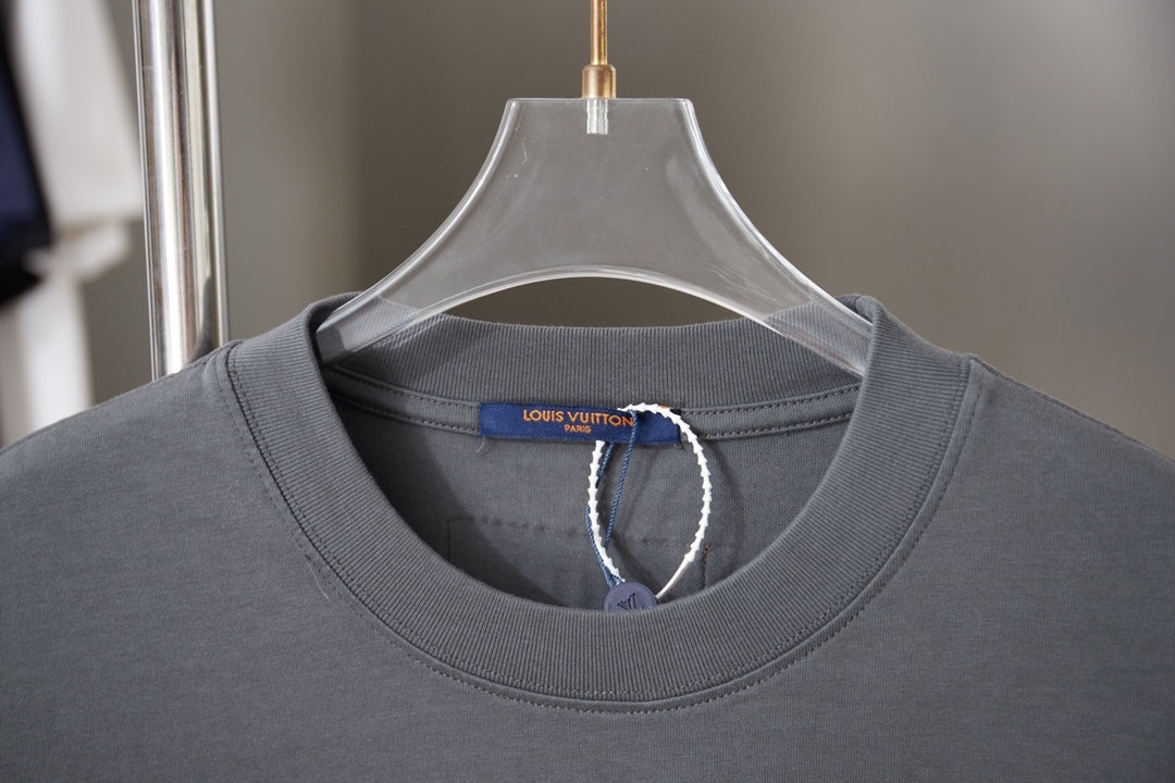Louis Vuitton dark gray T-shirt neckline with blue drawstring detail