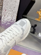 Louis Vuitton white sneaker upper with perforated Damier-style logo panel and laces