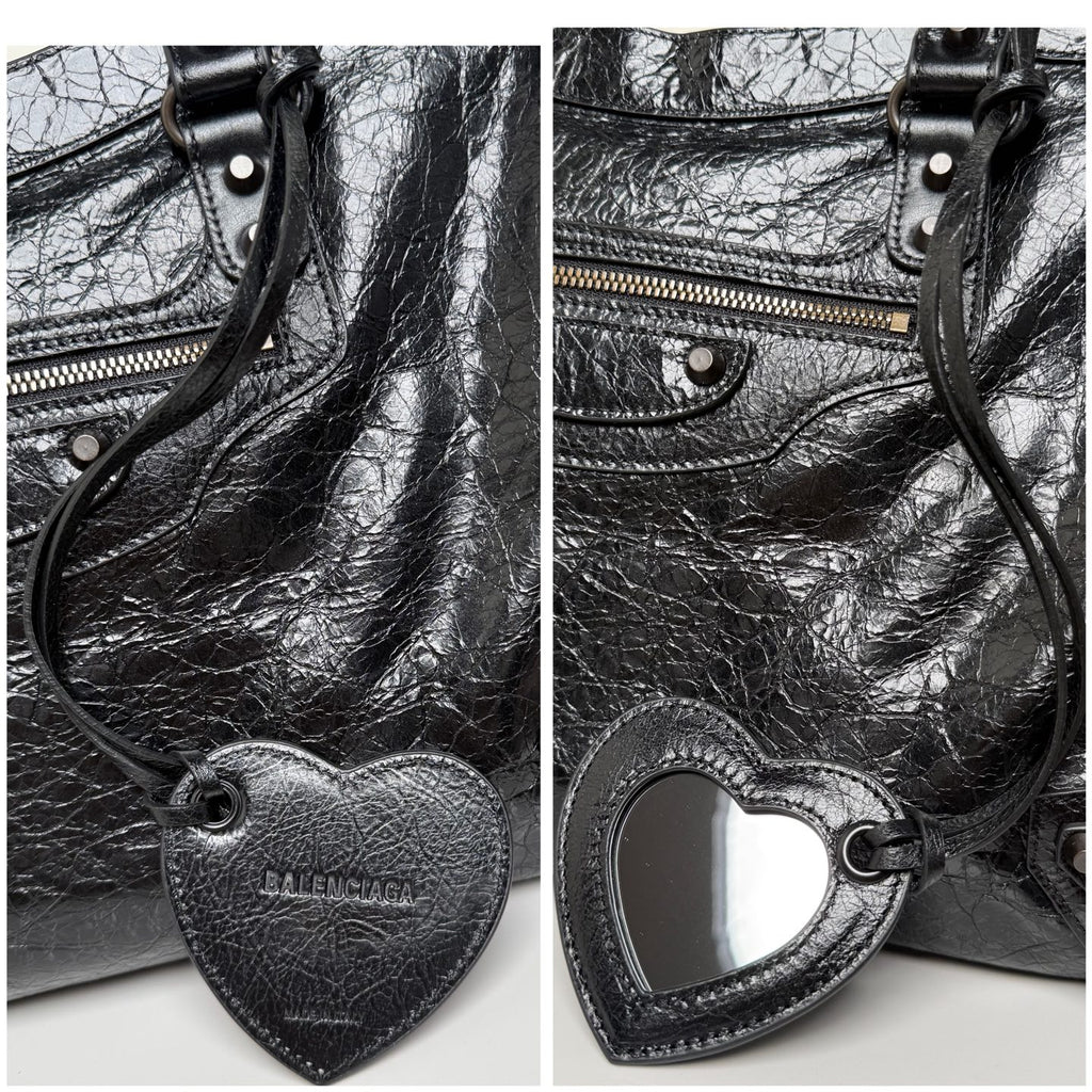 Balenciaga black heart leather bag charm with lace cord and stitched edge detail