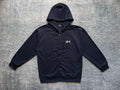 Stussy navy zip-up hoodie with drawstring hood and small chest logo