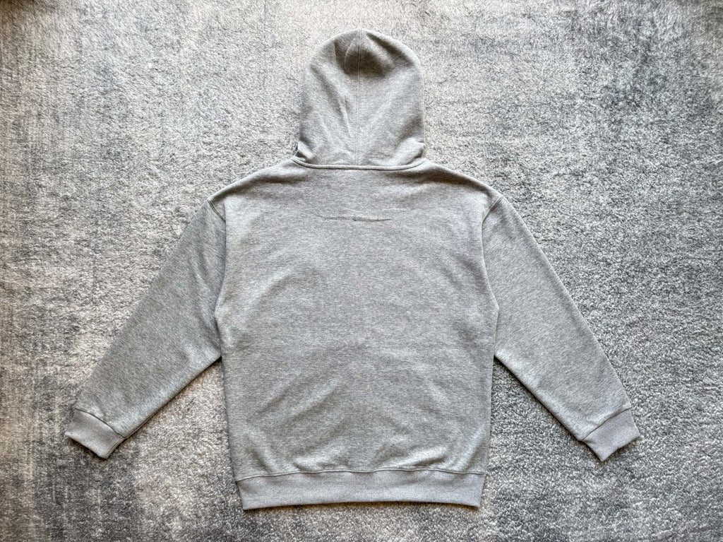 Stussy heather gray zip hoodie back with drawstring hood and front pockets