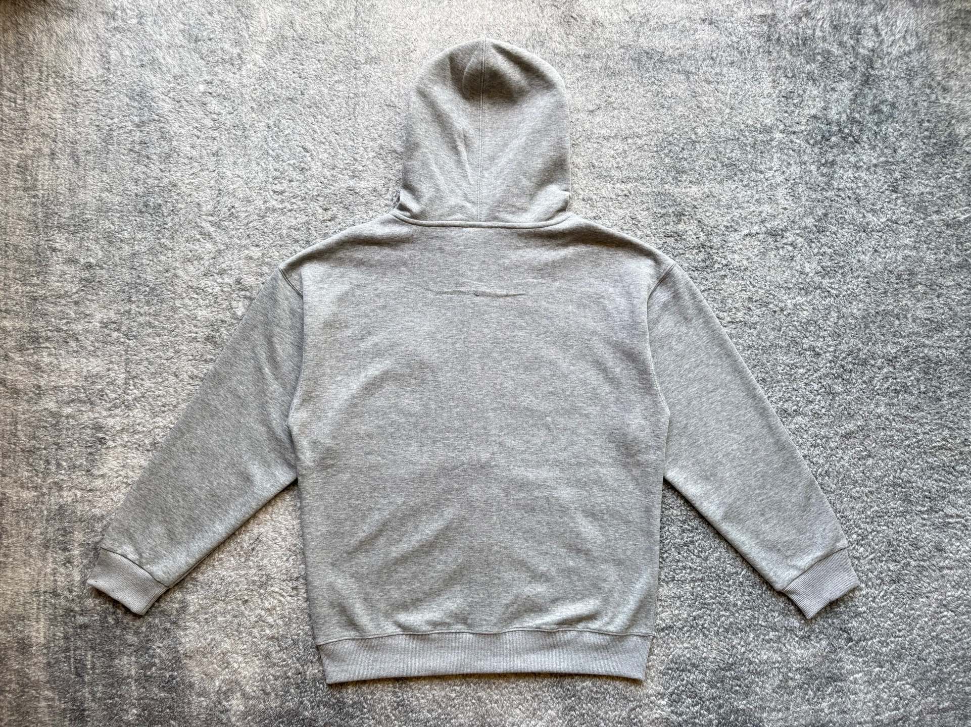 Stussy heather gray zip hoodie back with drawstring hood and front pockets