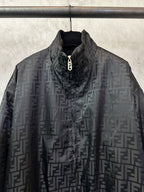 Black long-sleeve jacket with high collar and metal zip pull, FENDI jacquard pattern
