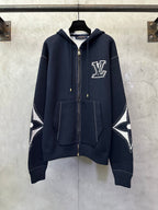 Navy Louis Vuitton zip-up hoodie with LV monogram graphic and front pockets