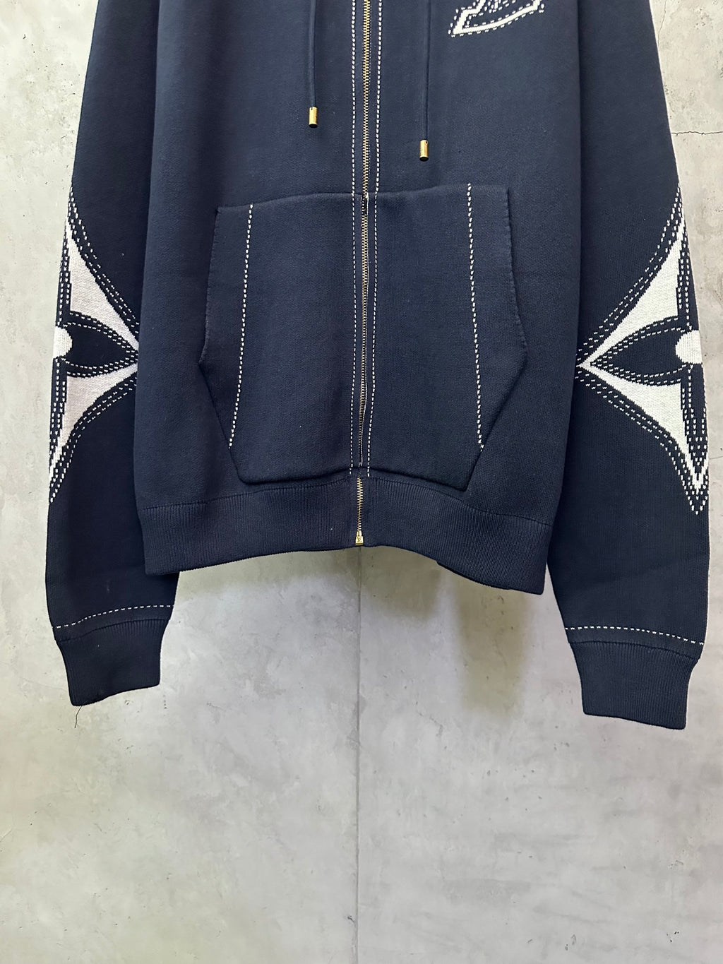 Navy Louis Vuitton zip-up hoodie with kangaroo pockets and stitched drawcords