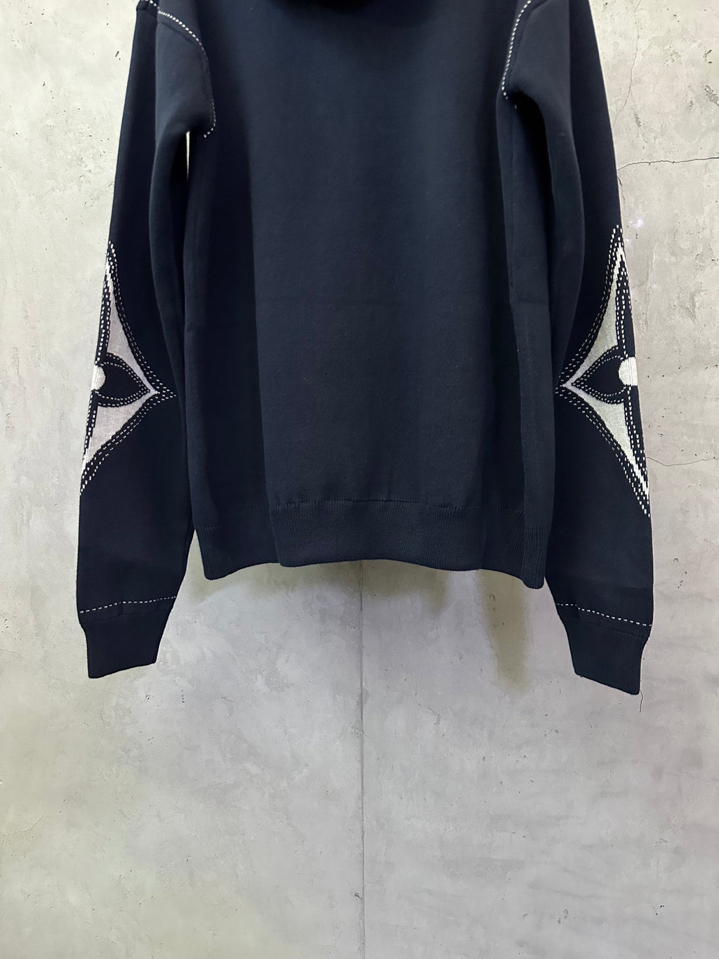 Navy Louis Vuitton zip-up hoodie with side graphic panel on sleeves