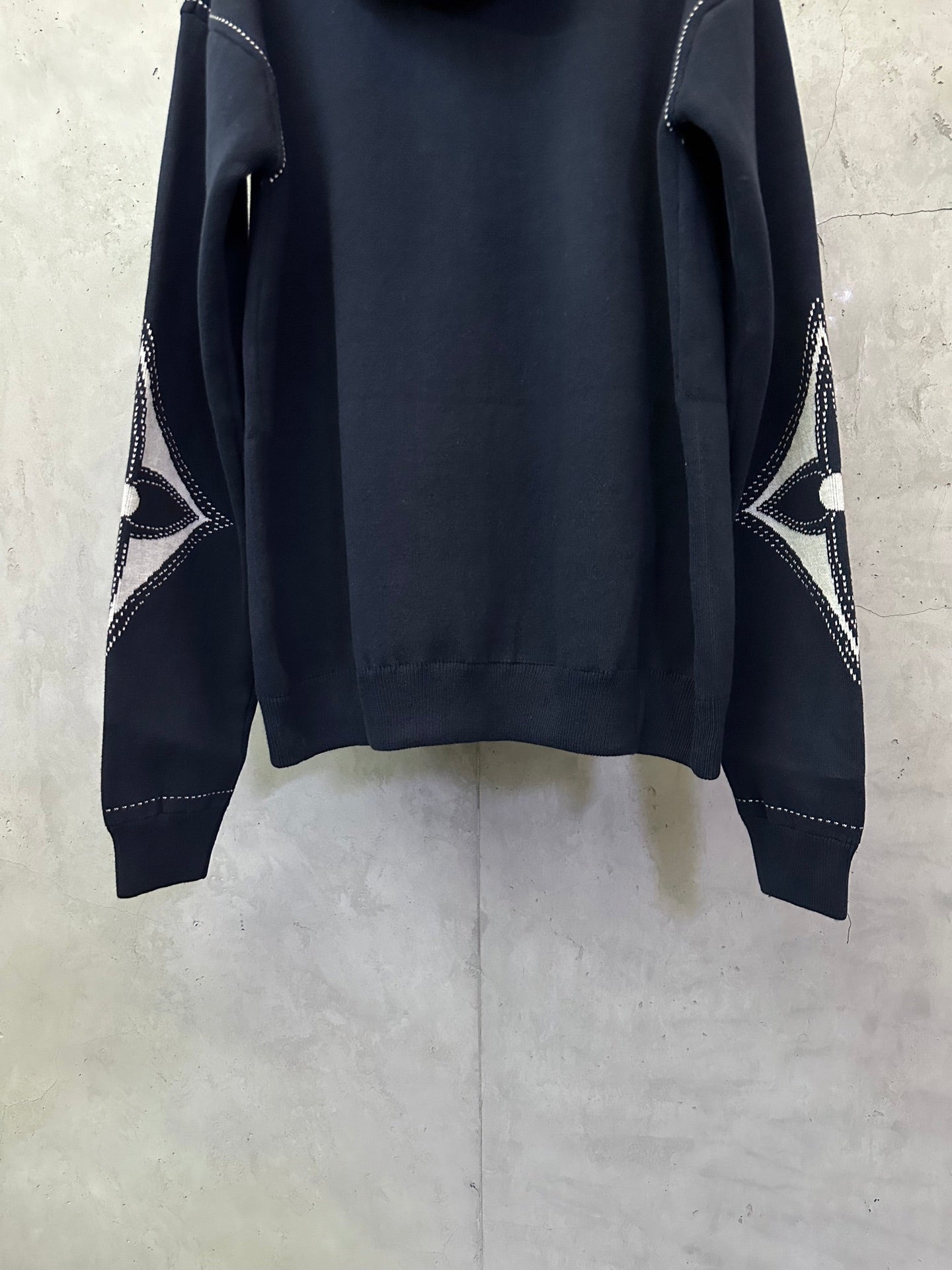 Navy Louis Vuitton zip-up hoodie with side graphic panel on sleeves