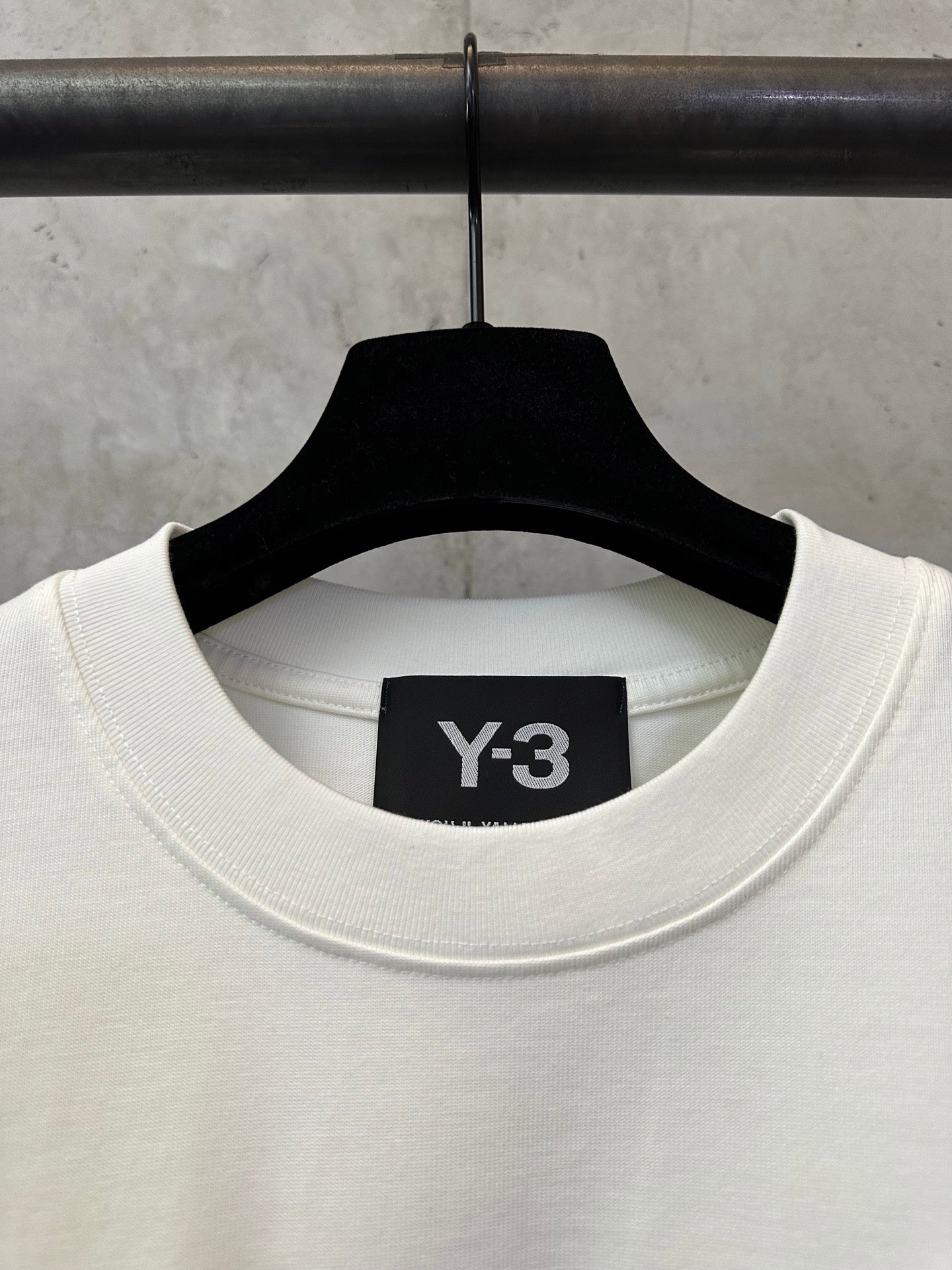 White Y-3 T-shirt collar closeup with Y-3 logo label