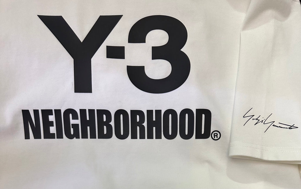 White Y-3 Neighborhood T-shirt front graphic, Y-3 and Neighborhood text with signature