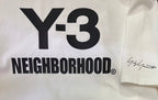 White Y-3 Neighborhood T-shirt front graphic, Y-3 and Neighborhood text with signature