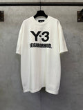 White Y-3 Neighborhood T-shirt on hanger, crew neck, short sleeves, front graphic print