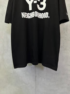 Amiri T-shirt, black front graphic close-up with Y-3 and NEIGHBORHOOD
