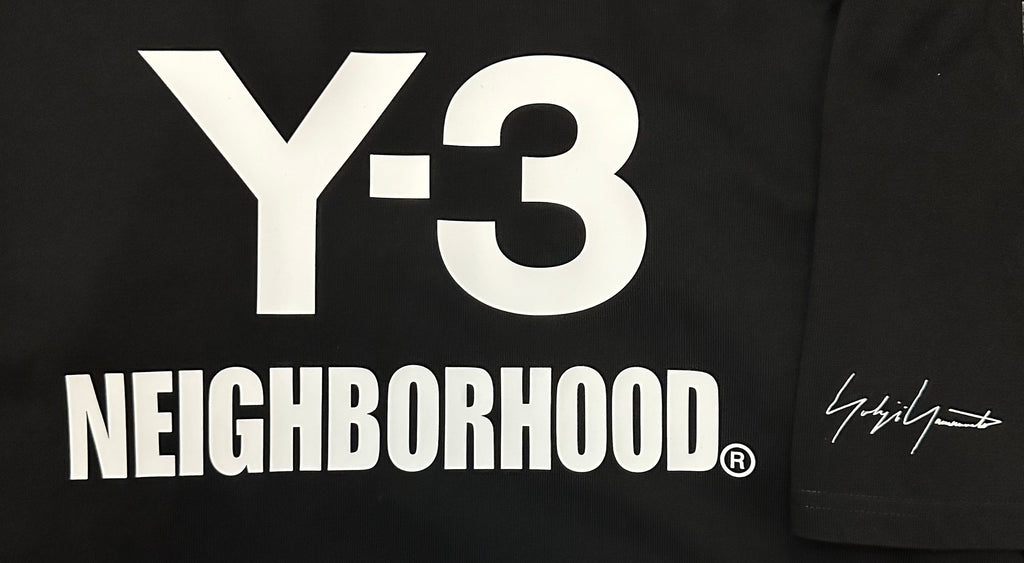 Amiri T-shirt, black front close-up with large Y-3 and NEIGHBORHOOD text