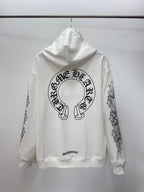 White pullover hoodie back view with large circular chest graphic and sleeve pattern