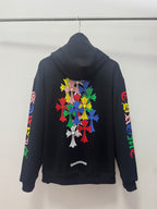 Black back hoodie with large colorful floral bouquet graphic and printed sleeve text