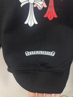 Black hoodie front lower area with rectangular brand logo patch