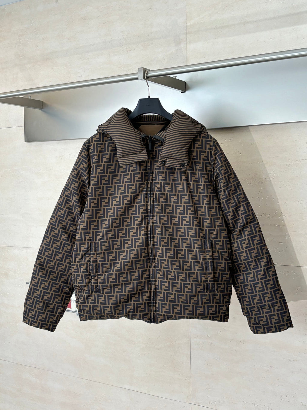 Fendi hooded padded jacket with all-over FF monogram print, full-zip front