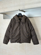 Fendi long zip-up jacket with allover FF pattern, stand collar