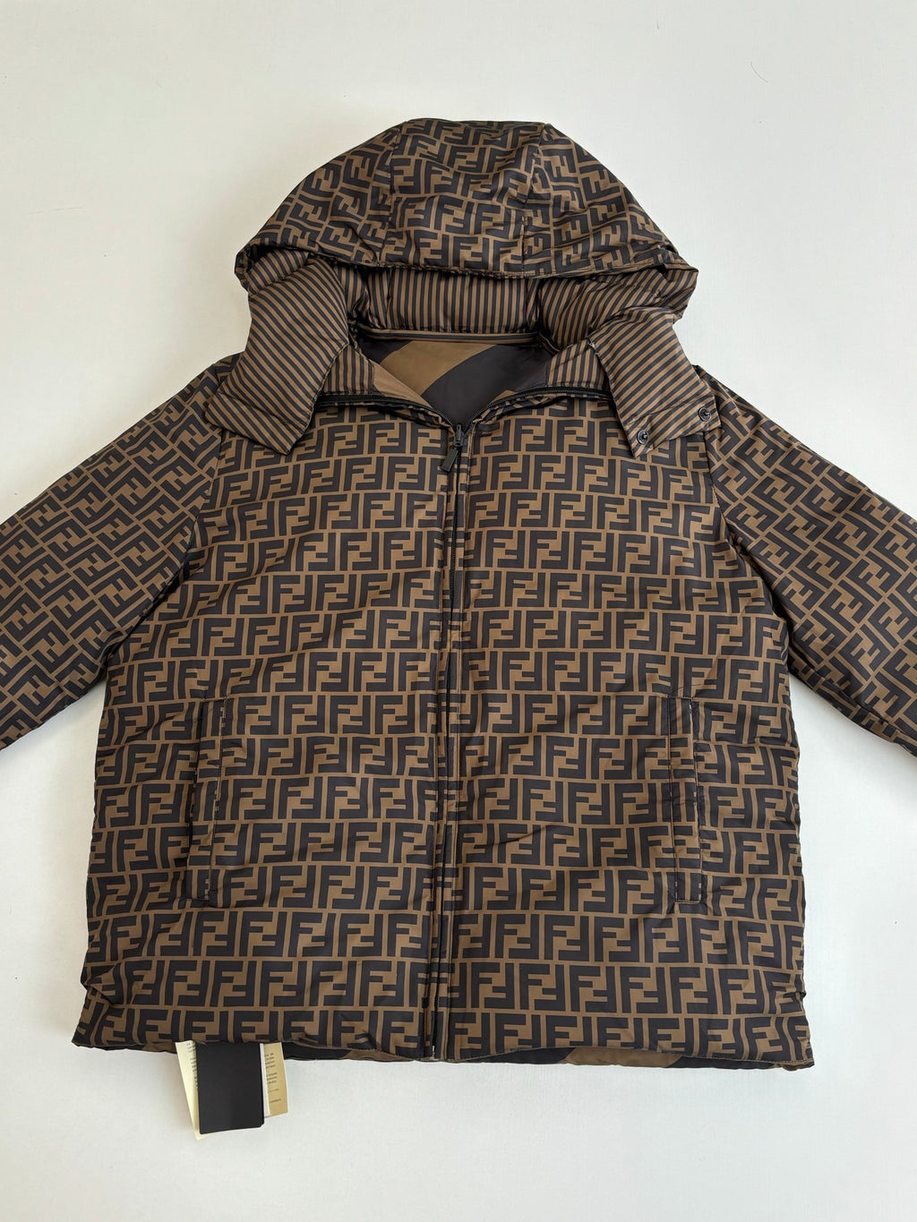 Fendi long hooded jacket with allover FF monogram print, front view