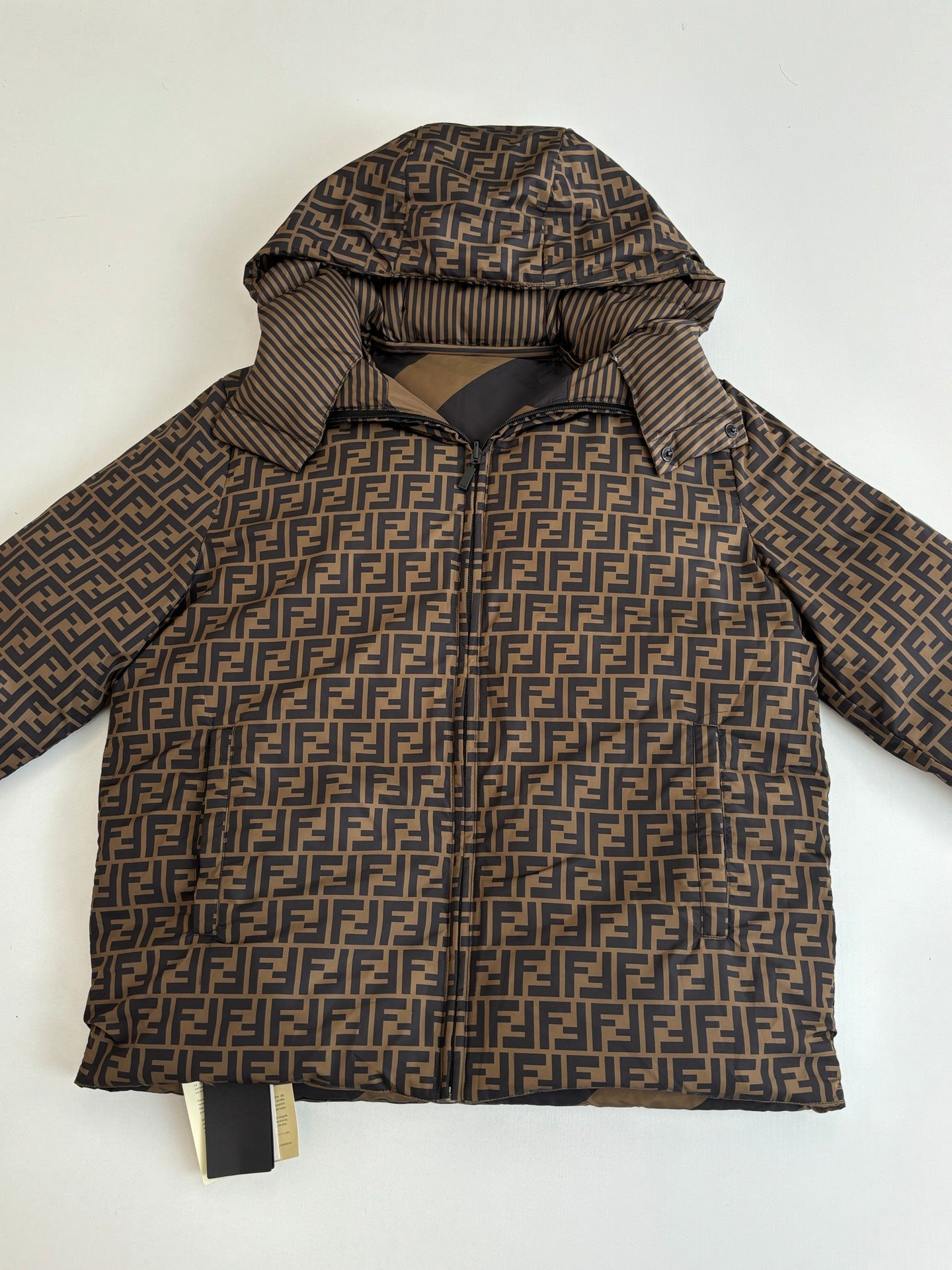 Fendi long hooded jacket with allover FF monogram print, front view