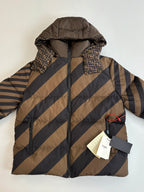 Fendi hooded padded jacket with diagonal stripes and FF-trim collar, close-up