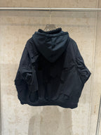 Balenciaga long hooded jacket, dark, hood up with layered panels and small pocket