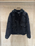 Balenciaga long hooded jacket in dark, shearling-style collar, button pockets