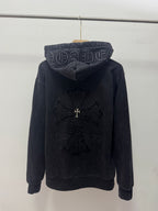 Dark zip-up hoodie, back view with hood graphic and embroidered center cross design.