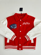 Red varsity jacket with white sleeves, button front, and Louis Vuitton script chest logo