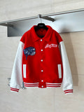 Red varsity jacket with white sleeves, button front, and Louis Vuitton script logo