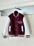 Burgundy varsity jacket with white sleeves, button front, striped cuffs, and front script logo